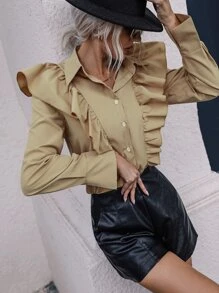 Camisa ribete con fruncido unicolor - Caqui - Ver 1