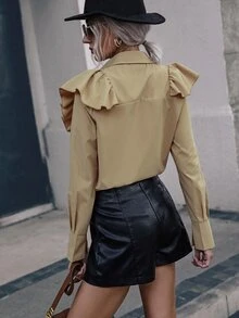 Camisa ribete con fruncido unicolor - Caqui - Ver 2