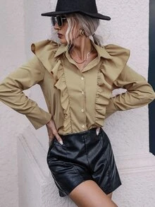 Camisa ribete con fruncido unicolor - Caqui - Ver 4