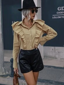 Camisa ribete con fruncido unicolor - Caqui - Ver 5