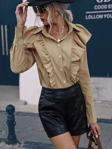 Camisa ribete con fruncido unicolor - Caqui - Ver 6