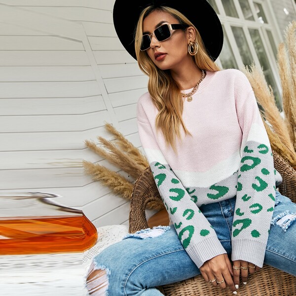 

Leopard Pattern Colorblock Drop Shoulder Sweater, Multicolor