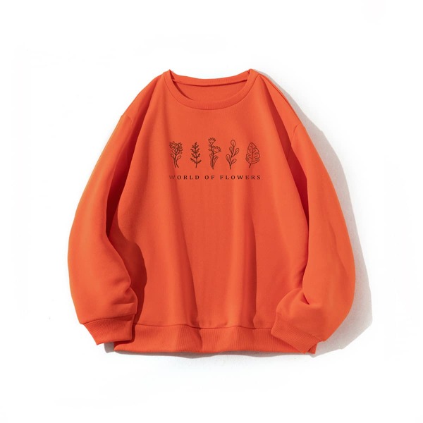 

Floral & Slogan Print Round Neck Sweatshirt, Orange