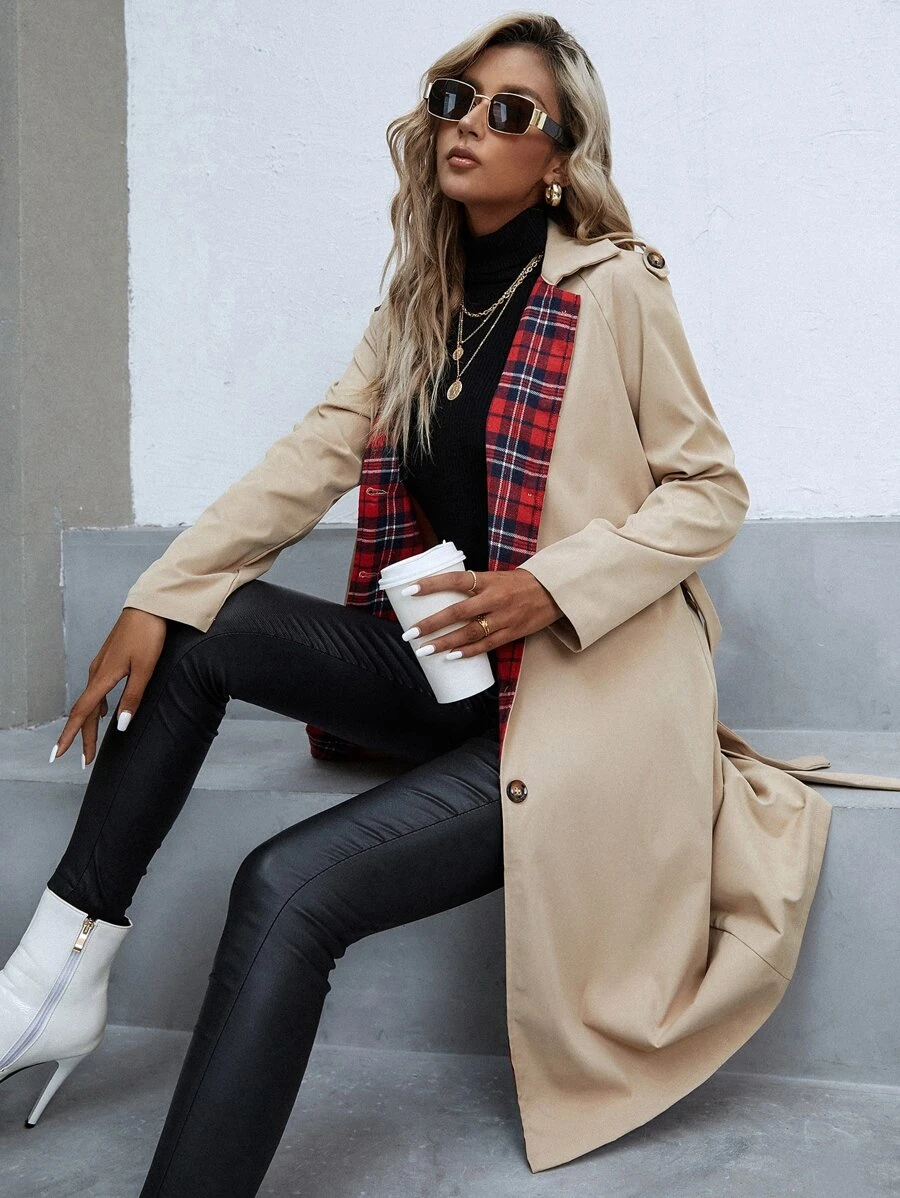 Tartan Raglan Sleeve Belted Trench Coat - Khaki - View 1