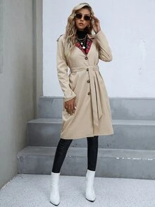 Tartan Raglan Sleeve Belted Trench Coat - Khaki - View 3