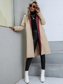 Tartan Raglan Sleeve Belted Trench Coat - Khaki - View 4