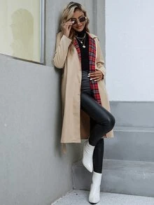 Tartan Raglan Sleeve Belted Trench Coat - Khaki - View 5