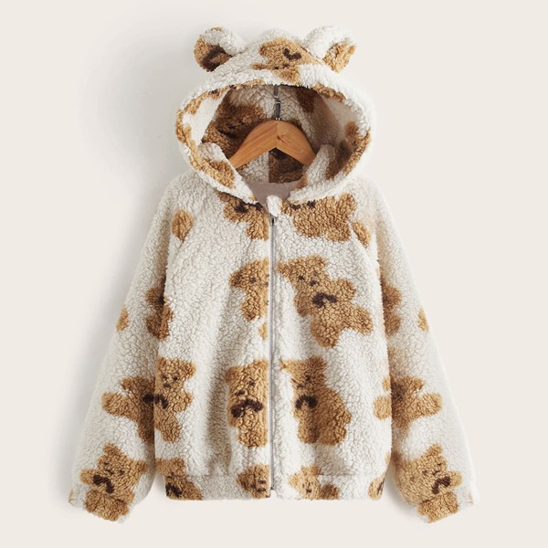 

Girls Bear Pattern Raglan Sleeve 3D Ear Design Hooded Teddy Jacket, White
