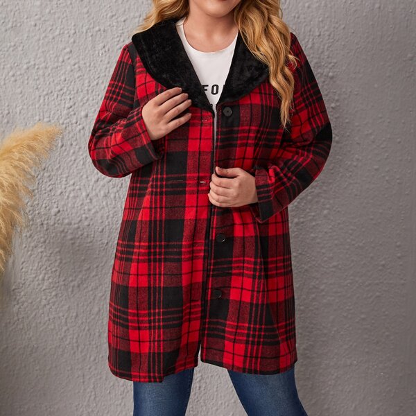 

размера плюс Пальто в клетку с воротником-шалькой, Многоцветный