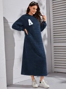 Mulvari 字母貼布細節落肩袖法蘭絨長袍洋裝 - 藏蓝色 - 查看 4