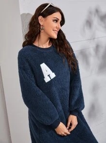 Mulvari 字母貼布細節落肩袖法蘭絨長袍洋裝 - 藏蓝色 - 查看 5