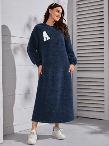 Mulvari 字母貼布細節落肩袖法蘭絨長袍洋裝 - 藏蓝色 - 查看 3