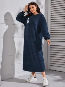 Mulvari 字母貼布細節落肩袖法蘭絨長袍洋裝 - 藏蓝色 - 查看 2