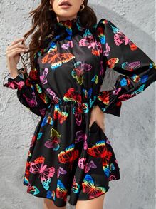 SHEIN Đầm viền lá sen Xù Dải chun Loại bướm Thanh lịch - Nhiều màu - Xem 1