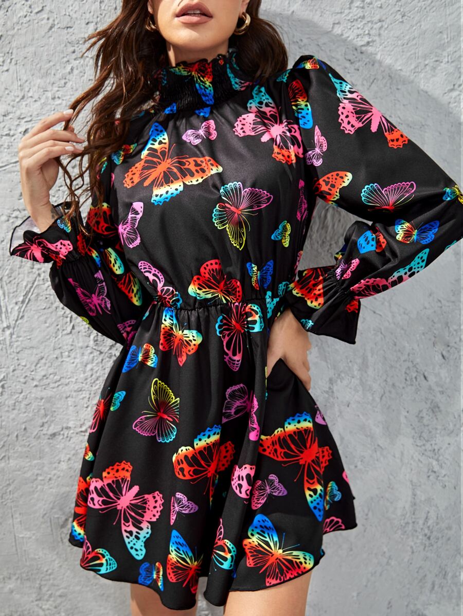 SHEIN Đầm viền lá sen Xù Dải chun Loại bướm Thanh lịch - Nhiều màu - Xem 1