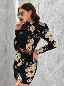 SHEIN Clasi Floral Print Gigot Sleeve Bodycon Dress Without Belt - Multicolor - View 4