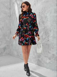 SHEIN Đầm viền lá sen Xù Dải chun Loại bướm Thanh lịch - Nhiều màu - Xem 4