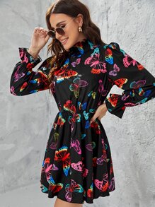 SHEIN Đầm viền lá sen Xù Dải chun Loại bướm Thanh lịch - Nhiều màu - Xem 5