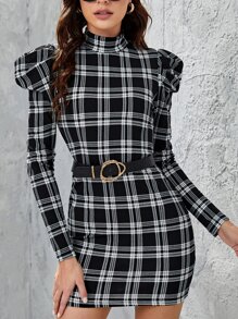 SHEIN Privé Đầm Sọc ca rô Thanh lịch - Đen và trắng - Xem 1