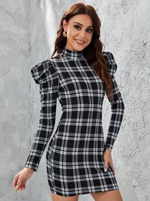 SHEIN Privé Đầm Sọc ca rô Thanh lịch - Đen và trắng - Xem 3