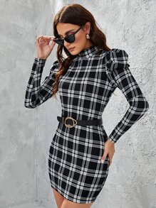 SHEIN Privé Đầm Sọc ca rô Thanh lịch - Đen và trắng - Xem 4