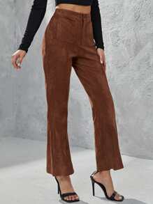 SHEIN Pantalones acampanados unicolor con cremallera - Café integral - Ver 3