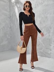 SHEIN Pantalones acampanados unicolor con cremallera - Café integral - Ver 4