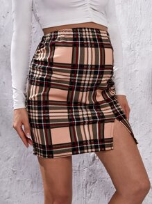 SHEIN Maternity Tartan Adjustable Waist Slit Skirt - Multicolor - View 1