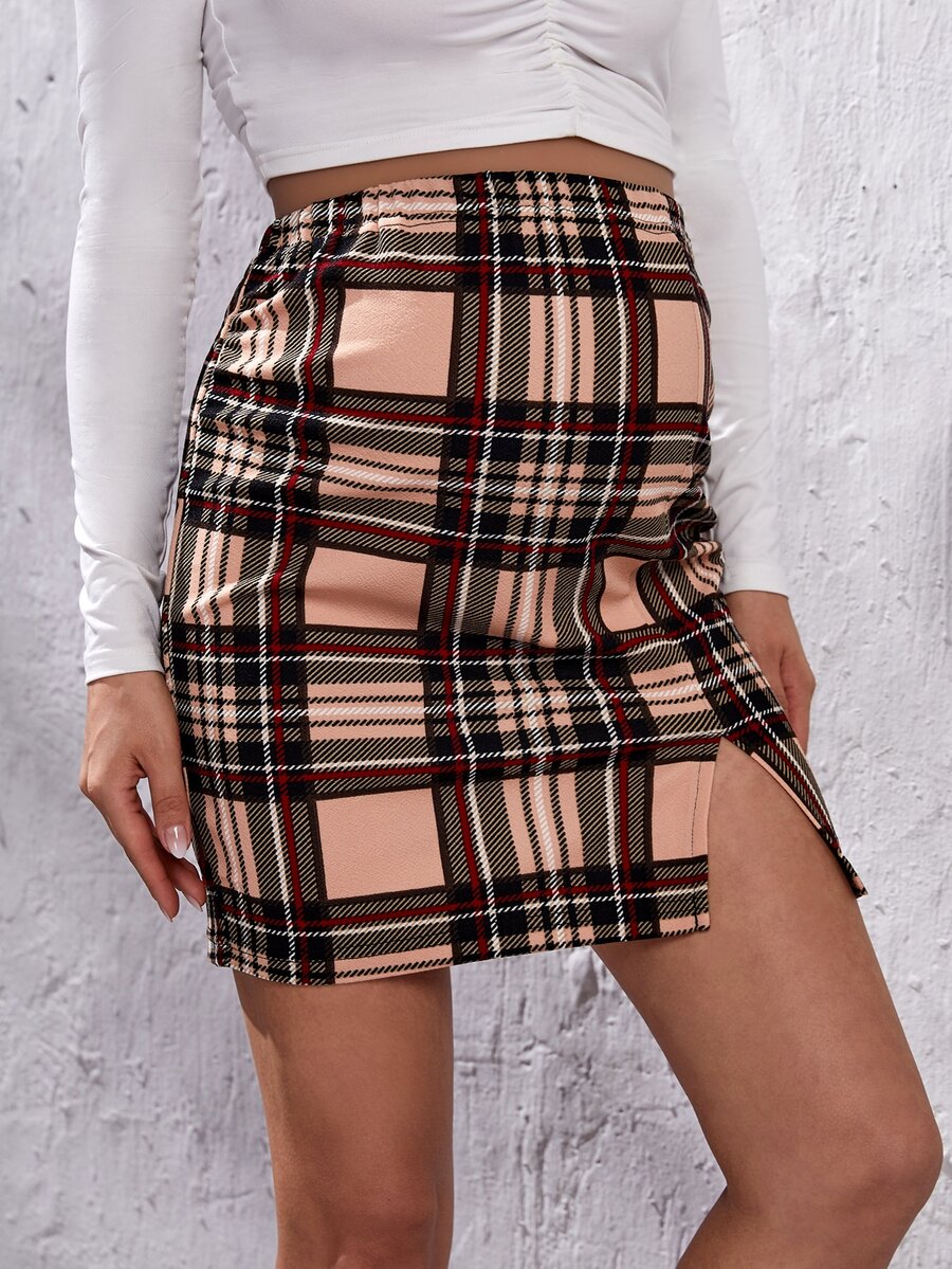 SHEIN Maternity Tartan Adjustable Waist Slit Skirt - Multicolor - View 1