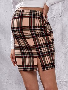 SHEIN Maternity Tartan Adjustable Waist Slit Skirt - Multicolor - View 6