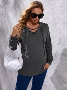 SHEIN Maternity Grommet Lace Up Front Sweatshirt - Dark Grey - View 1