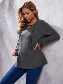 SHEIN Maternity Grommet Lace Up Front Sweatshirt - Dark Grey - View 3