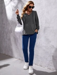 SHEIN Maternity Grommet Lace Up Front Sweatshirt - Dark Grey - View 4