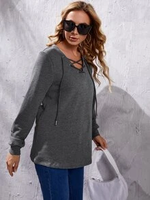 SHEIN Maternity Grommet Lace Up Front Sweatshirt - Dark Grey - View 5