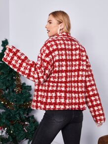 SHEIN Essnce Abrigo con patrón de cuadros de hombros caídos de peluche - Rojo y blanco - Ver 2