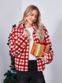 SHEIN Essnce Abrigo con patrón de cuadros de hombros caídos de peluche - Rojo y blanco - Ver 3