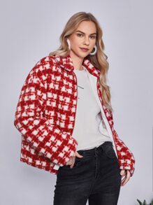 SHEIN Essnce Abrigo con patrón de cuadros de hombros caídos de peluche - Rojo y blanco - Ver 4