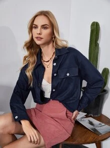 SHEIN Flap Pocket Drop Shoulder Blouse - Navy Blue - View 1