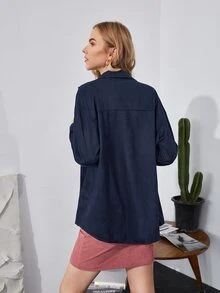 SHEIN Flap Pocket Drop Shoulder Blouse - Navy Blue - View 2