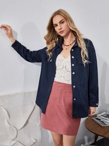 SHEIN Flap Pocket Drop Shoulder Blouse - Navy Blue - View 3