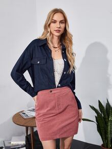 SHEIN Flap Pocket Drop Shoulder Blouse - Navy Blue - View 4