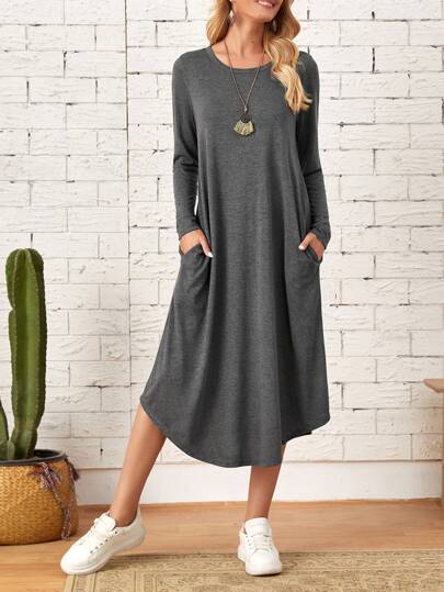 EMERY ROSE Women's Knit Dress With Slanted Pockets And Curved Hemline Fall Women Dresses Green Women Dresses