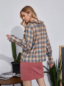 SHEIN Tartan Print Lace Trim Statement Collar Blouse