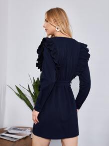 SHEIN Vestido con cinturón de cuello cruzado ribete con fruncido - Azul Marino - Ver 2