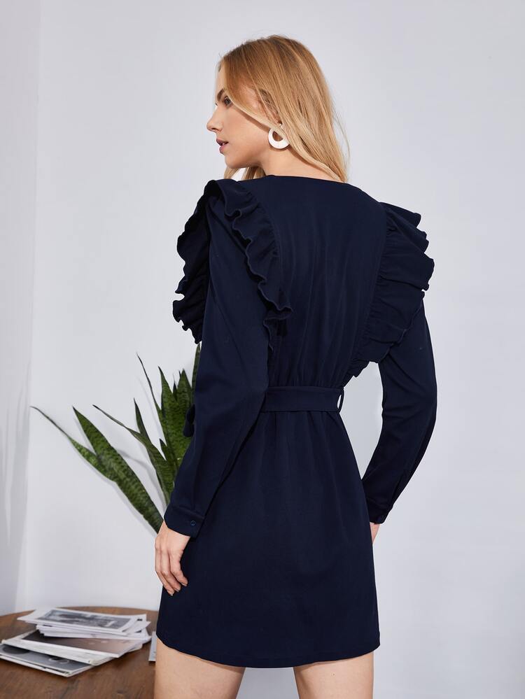 Surplice Neck Ruffle Trim Belted Dress
