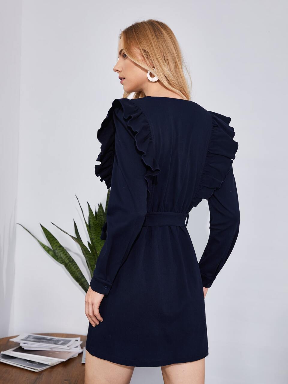 Surplice Neck Ruffle Trim Belted Dress