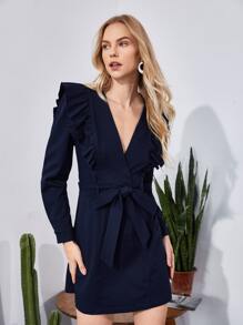 SHEIN Vestido con cinturón de cuello cruzado ribete con fruncido - Azul Marino - Ver 5