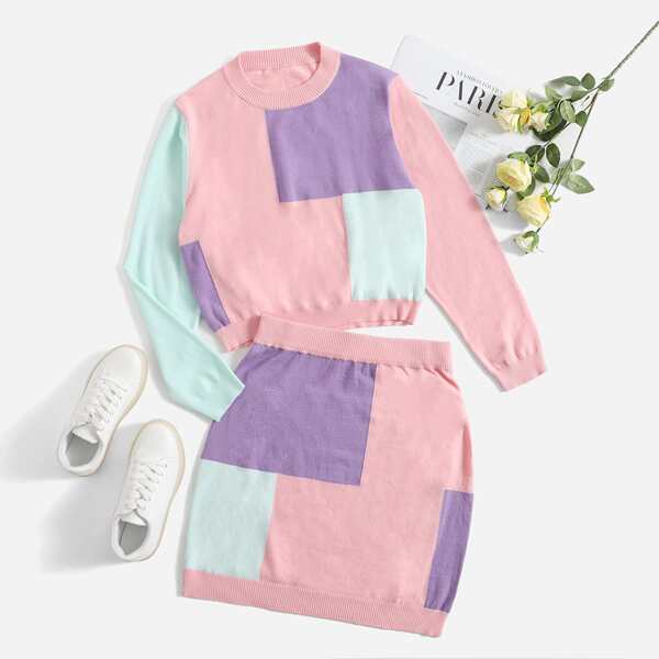 

Plus Colorblock Sweater & Skirt Set, Multicolor