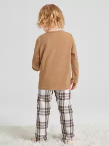 SHEIN Leap Crew 小男孩半纽扣 T 恤和格子裤睡衣套装
