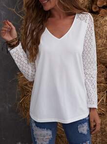 EMERY ROSE Camiseta Con Cuello En V Con Manga Raglán De Encaje De Guipure - Blanco - Ver 1